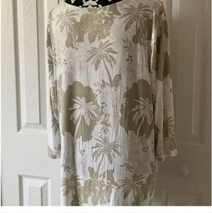 Palm Grove Women's 3X White And Green Floral 3/4 Sleeve Scoop Neck Blouse Casual